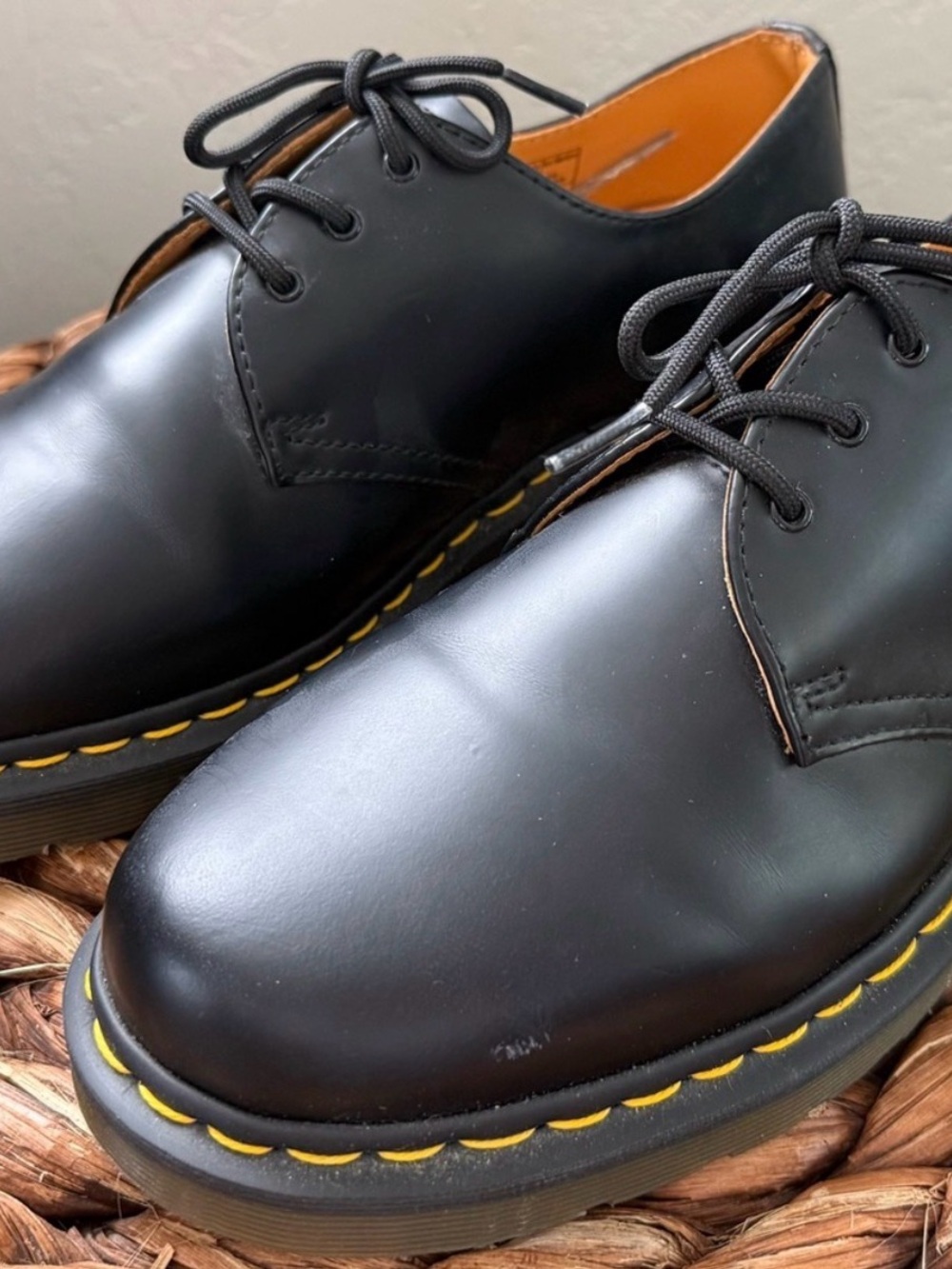 Dr. Martens Black Leather 3-Eye Derby with Yellow Stitching Sz 10.5
